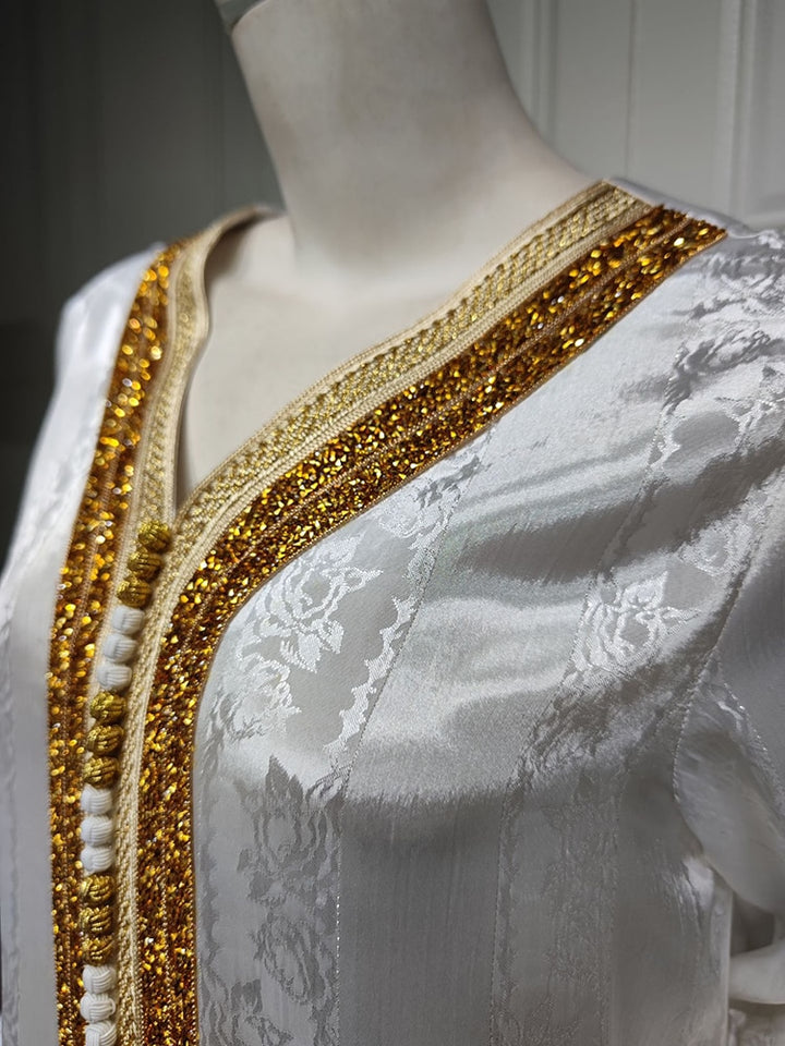 White Satin Striped Jacquard Kaftan Abaya Dress| All For Me Today
