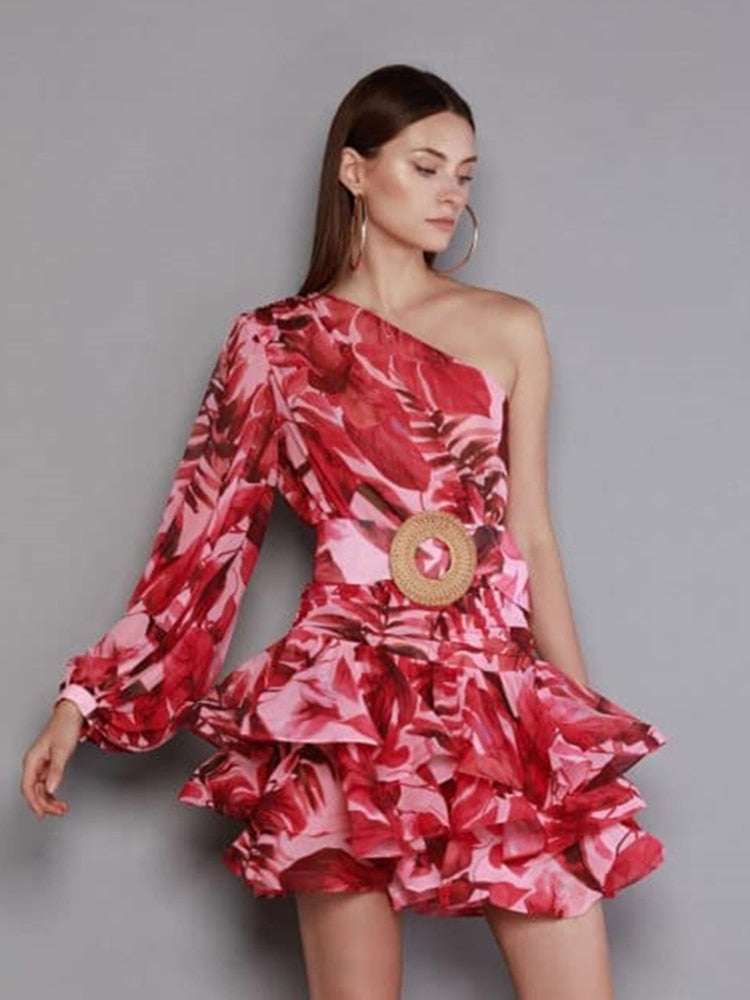 Slanted Shoulder Floral Print Women's Mini Dress| All For Me Today