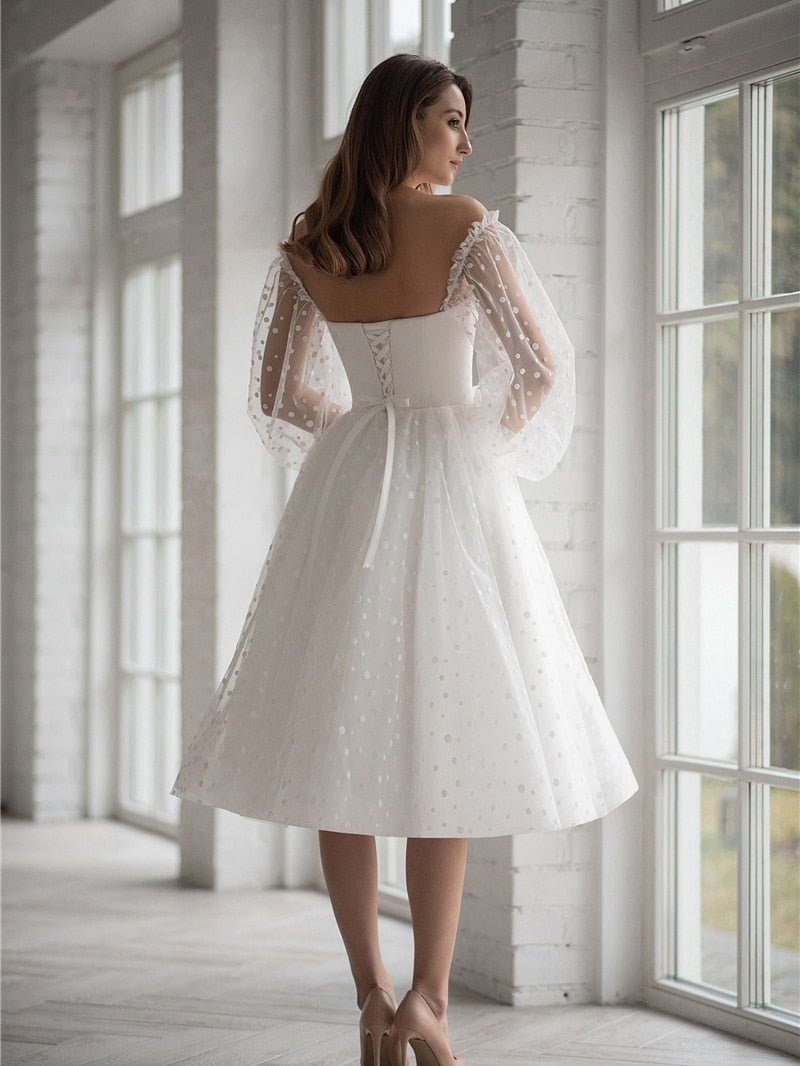 Modern Short Bridal Wedding Dress With Detachable Puff Sleeve| All For Me Today