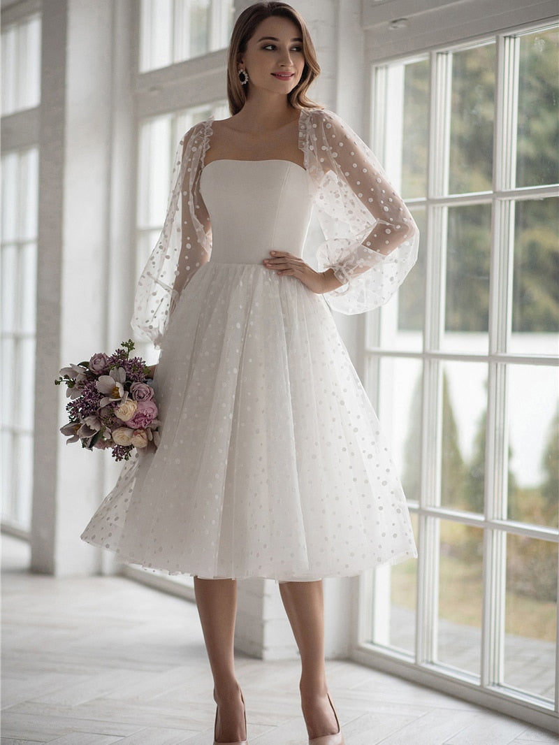Modern Short Bridal Wedding Dress With Detachable Puff Sleeve| All For Me Today