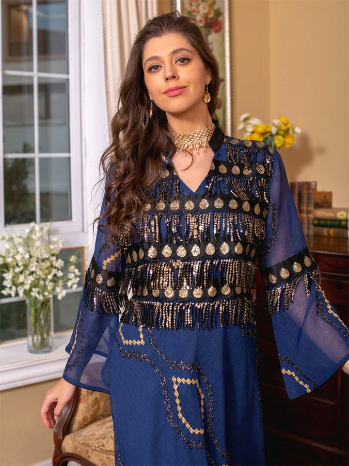Embroidery Sequins Belted Women's Kaftan Dress| All For Me Today