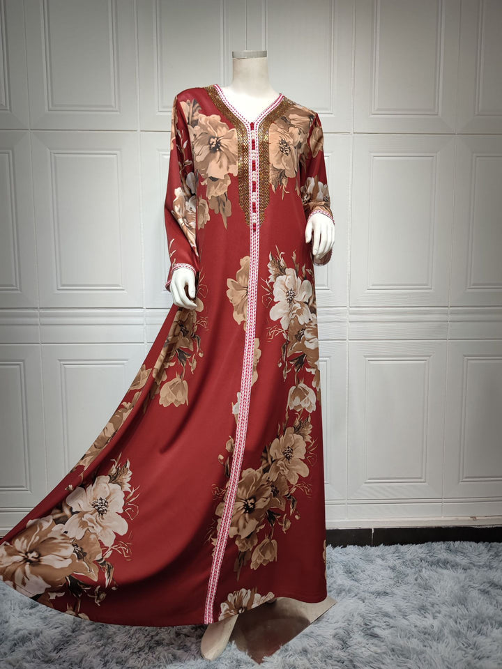 Floral Print Rhinestone Women's Kaftan Abaya Dress| All For Me Today