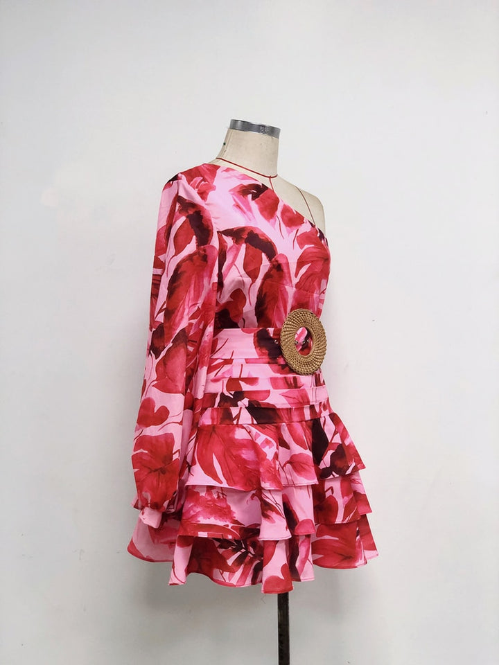 Slanted Shoulder Floral Print Women's Mini Dress| All For Me Today