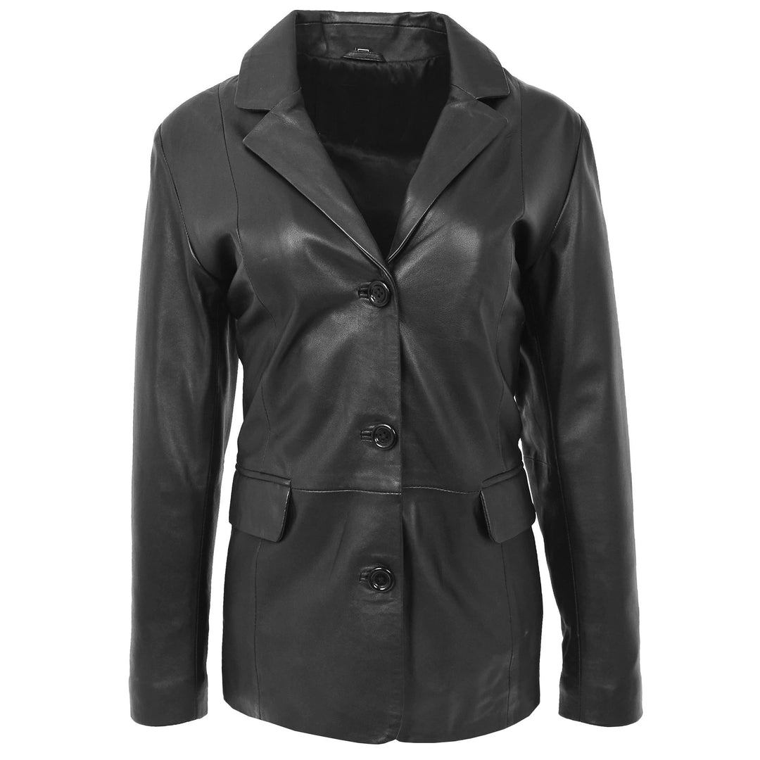 Semi Fit Soft Black Leather Button Fasten Women's Blazer All For Me Today
