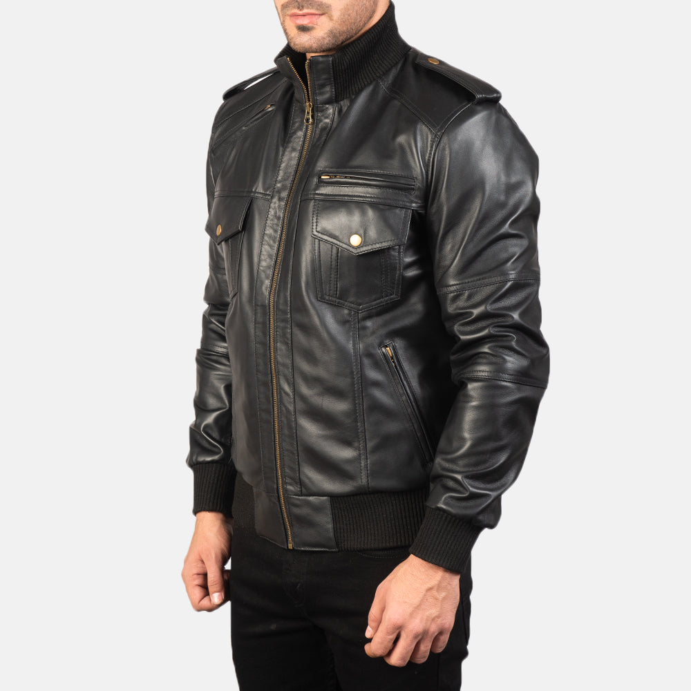 Shadow Men's Black Leather Bomber Jacket | All For Me Today