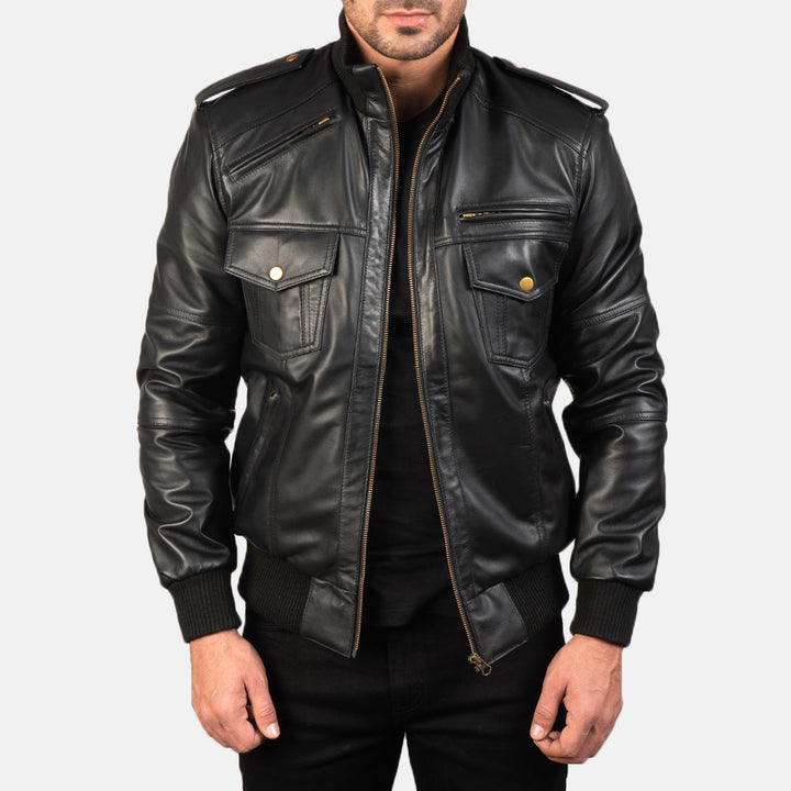 Shadow Men's Black Leather Bomber Jacket | All For Me Today