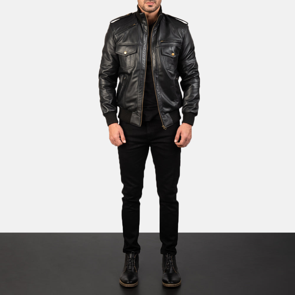 Shadow Men's Black Leather Bomber Jacket | All For Me Today