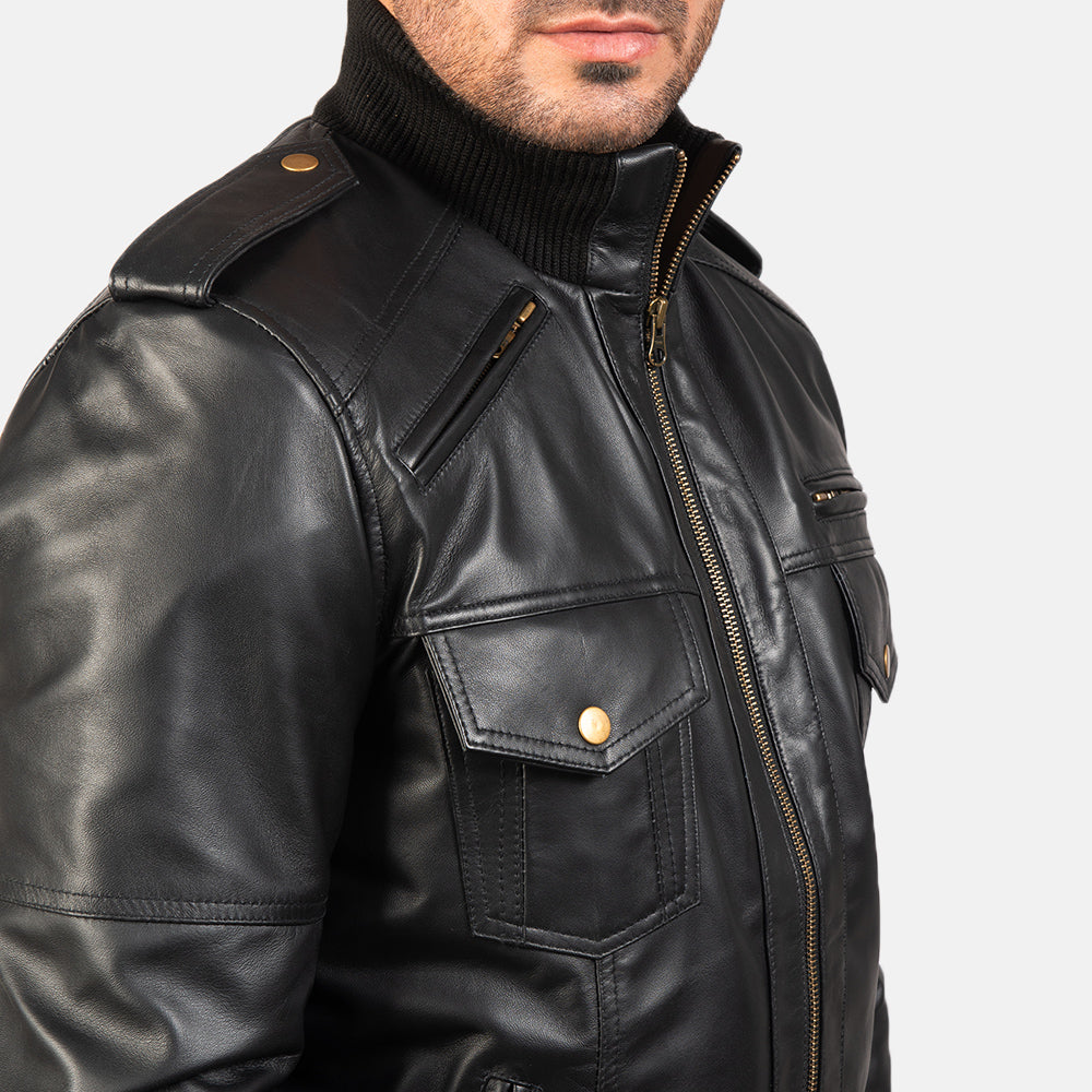 Shadow Men's Black Leather Bomber Jacket | All For Me Today