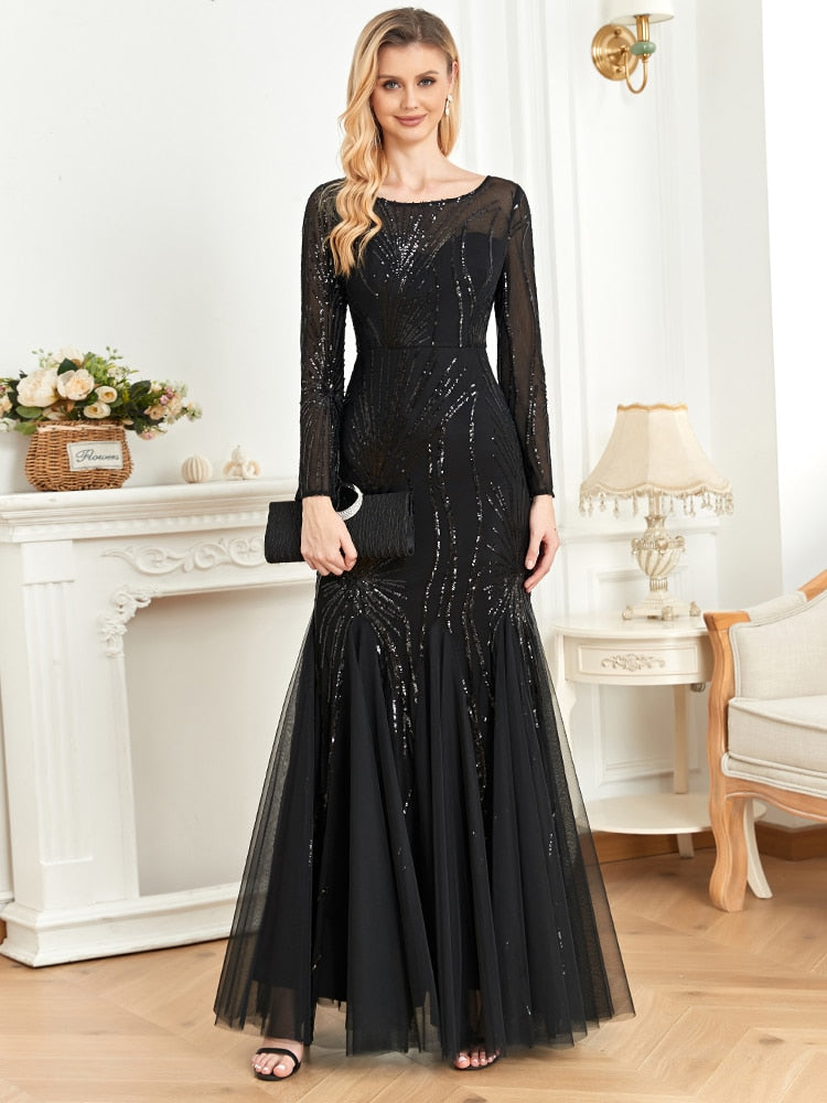 Shining Tulle Long Sleeves Women's Evening Maxi Dress | All For Me Today