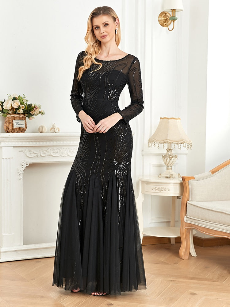 Shining Tulle Long Sleeves Women's Evening Maxi Dress | All For Me Today