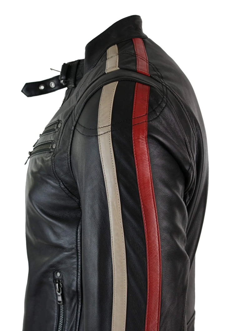 Slim Fit Short Real Leather Men's Biker Racing Jacket With Stripes Sleeves | All For Me Today