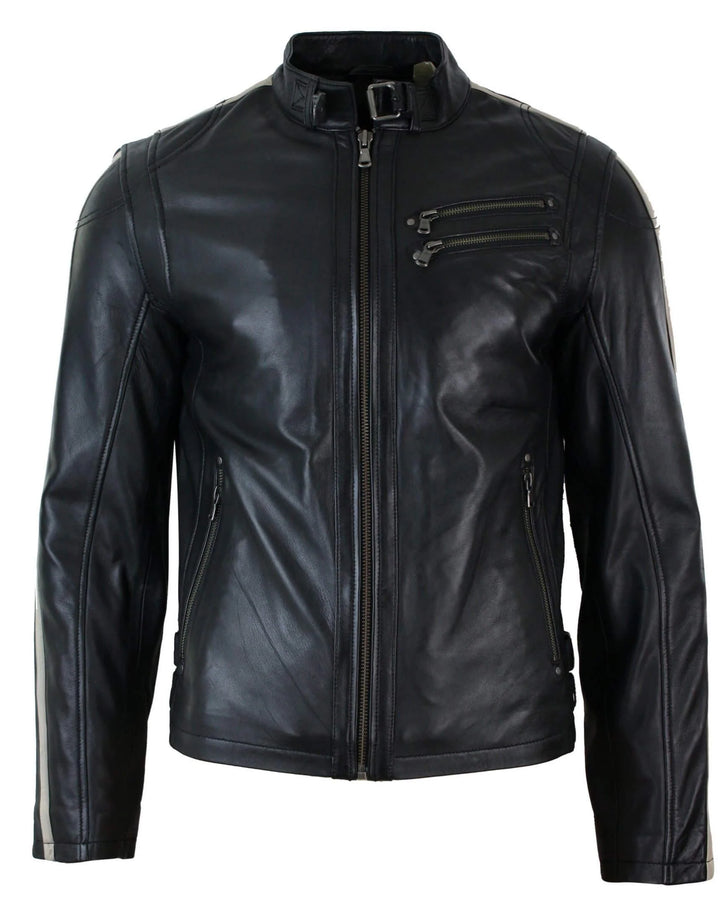 Slim Fit Short Real Leather Men's Biker Racing Jacket With Stripes Sleeves | All For Me Today