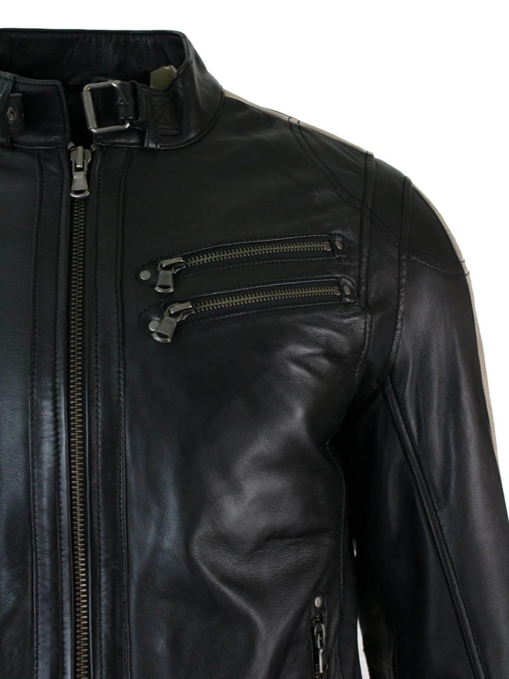 Slim Fit Short Real Leather Men's Biker Racing Jacket With Stripes Sleeves | All For Me Today