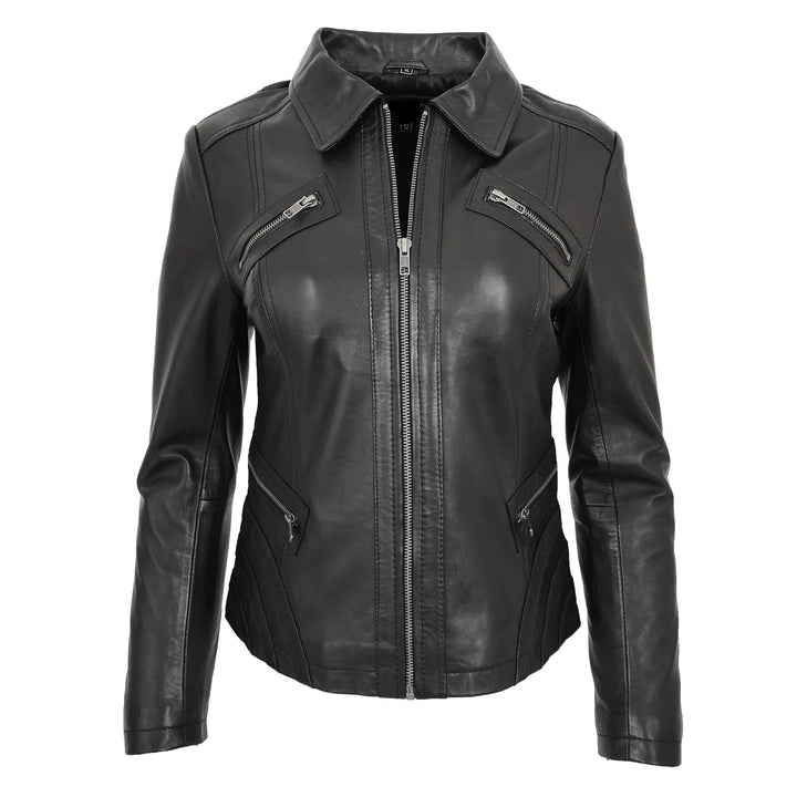 Soft Leather Fitted Collared Zip Fasten Biker Women's Jacket | All For Me Today