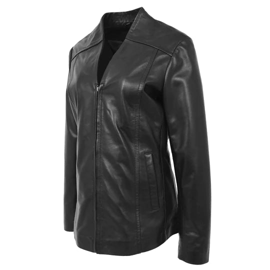 V Neckline Collarless Women's Classic Leather Blazer | All For Me Today