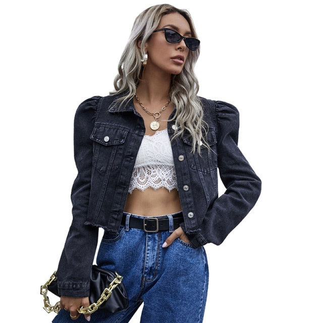 Vintage Puff Long Sleeve Crop Jean Jacket | All For Me Today