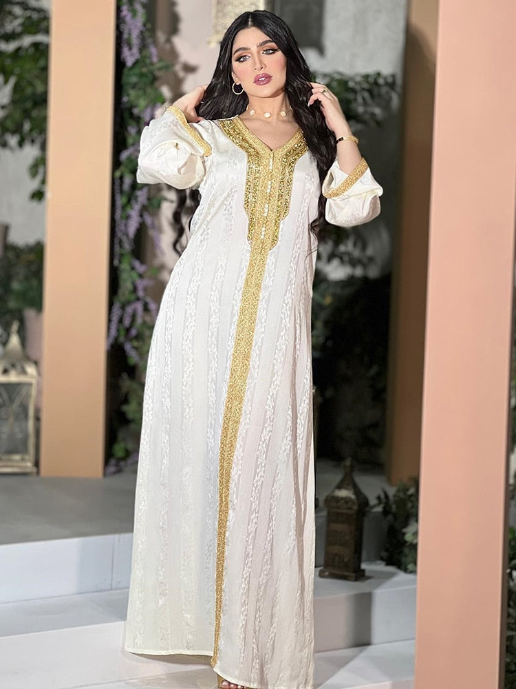 White Satin Striped Jacquard Kaftan Abaya Dress | All For Me Today