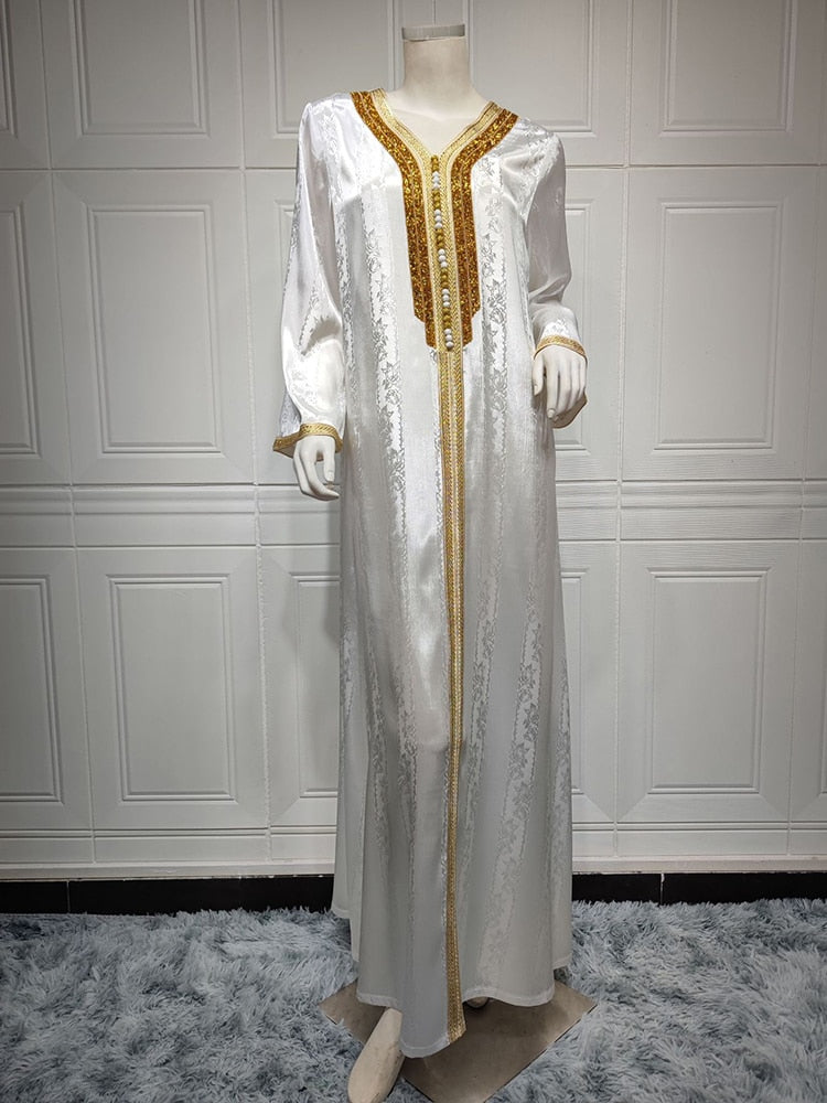 White Satin Striped Jacquard Kaftan Abaya Dress | All For Me Today