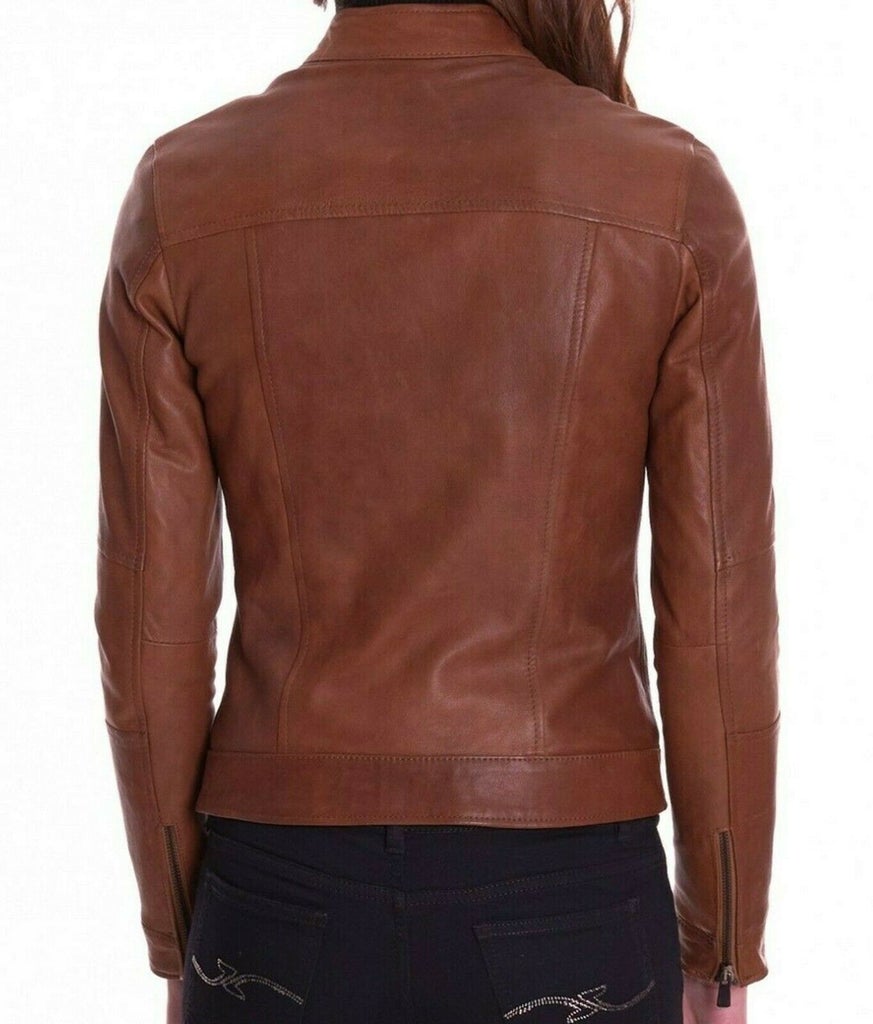 Women Tan Brown Sheepskin Leather Slim Fit Jacket | All For Me Today