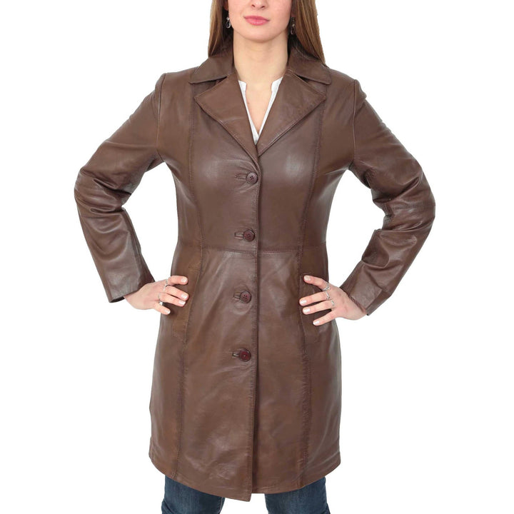 Women's 3/4 Length Button Fasten Leather Coat | All For Me Today