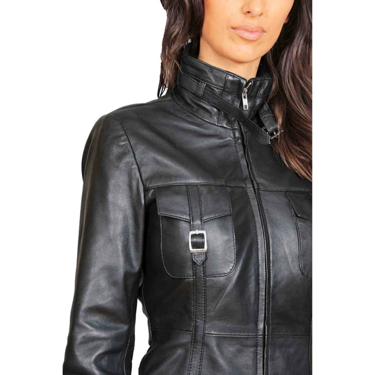 Women's 3/4 Length Long Zip Fasten Leather Jacket All For Me Today
