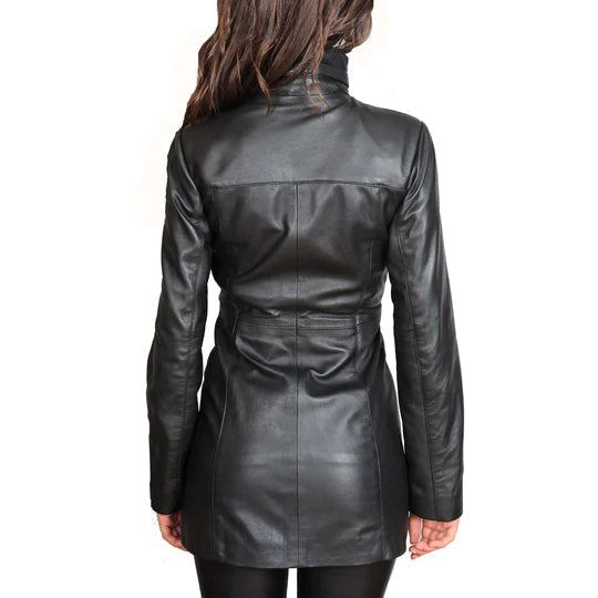 Women's 3/4 Length Long Zip Fasten Leather Jacket All For Me Today