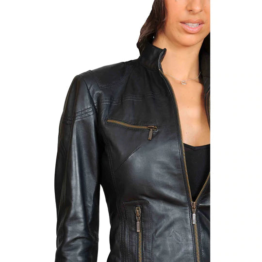 Zip Up Fitted Biker Women's Sheepskin Leather Jacket | All For Me Today