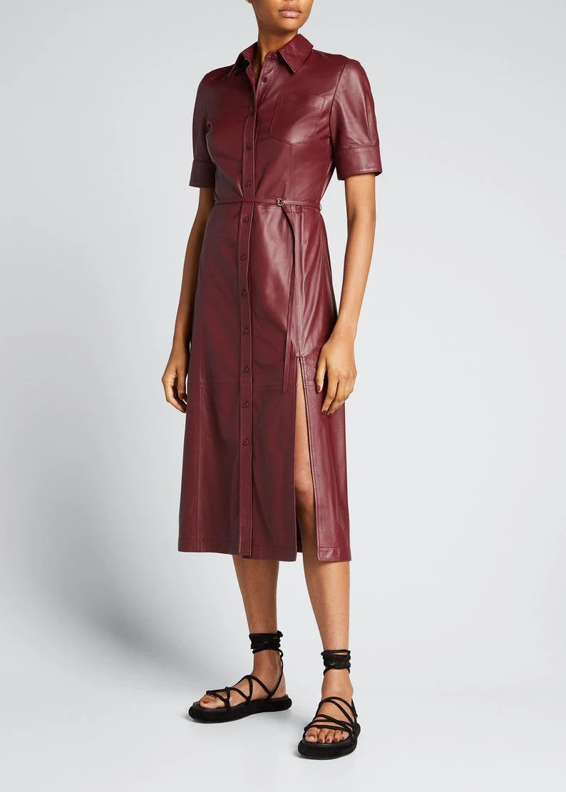 Handmade Lambskin Leather Women's Mid Calf Shirt Dress| All For Me Today